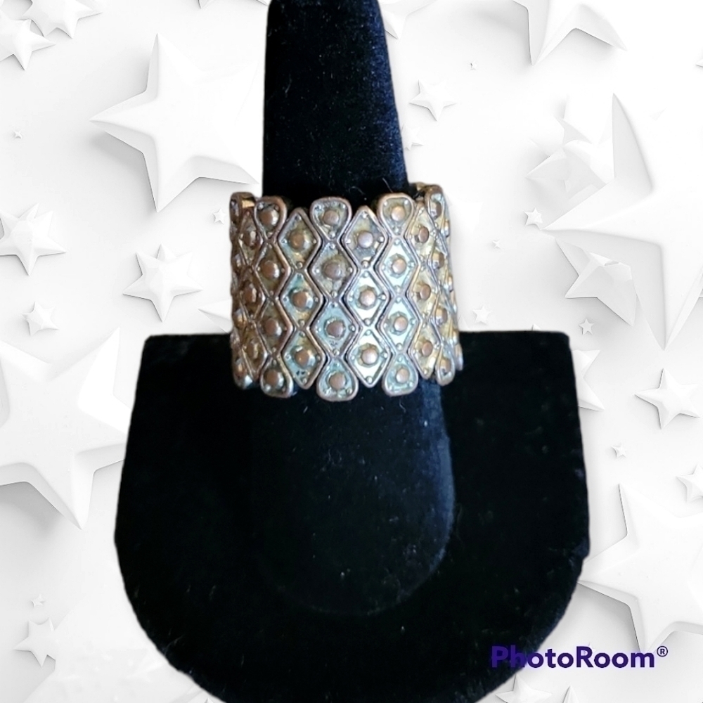 VTG Art Deco Byzatine Wide Metal Stretch Punk Goth Grunge Viking Ring